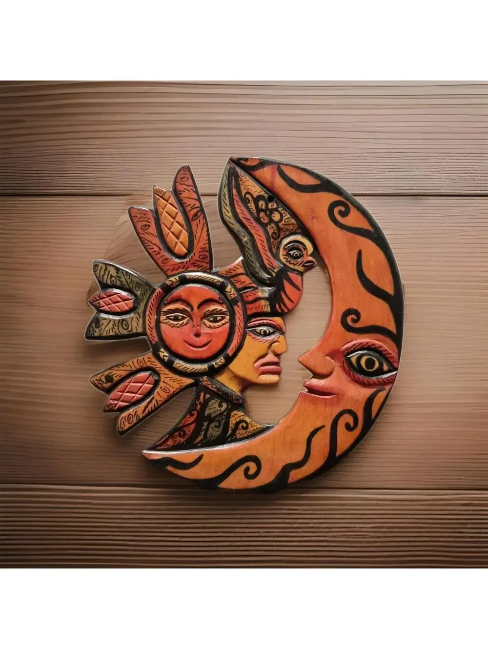 Vintage Hand Carved Wood Sun Moon Wall Hanging Celestial Folk Art Boho Decor